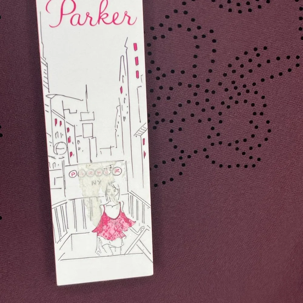 PARKER Orlando Laser Cut Bell Ruffle long Sleeve Dress Raisin Sheath Red 0 New - Picture 12 of 14